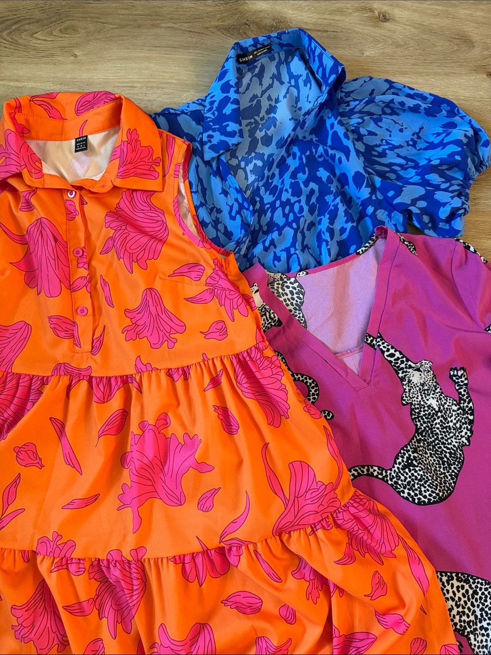 Lot of 3 Bright Dresses - hot pink, orange, blue, animal print. Size medium.